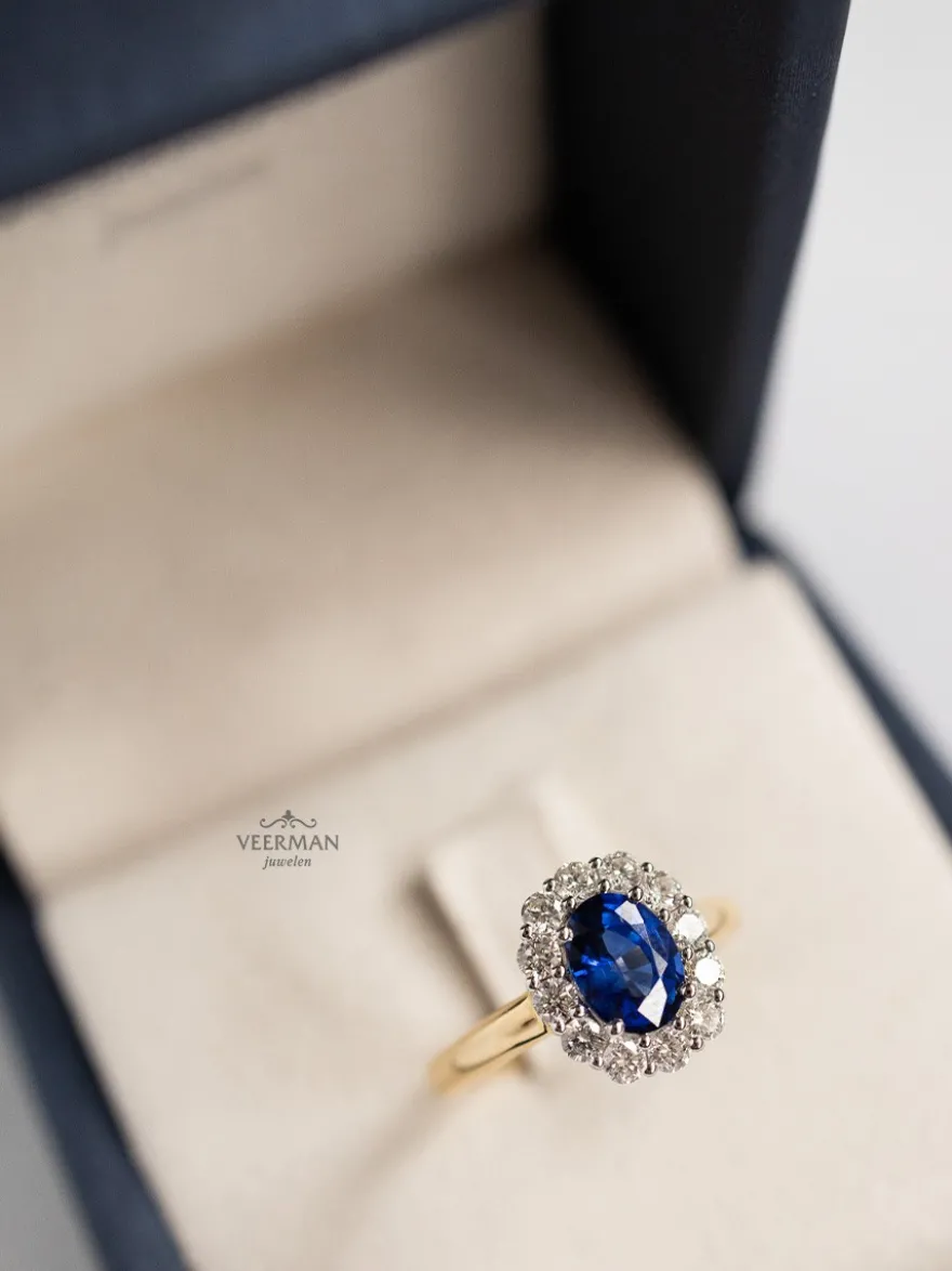 Bicolor entourage ring saffier en briljanten + Luxe cadeau