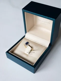 Bicolor gouden entourage ring met briljant en saffier