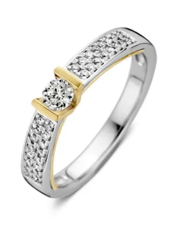 Bicolor gouden solitair ring briljant 0.38 crt. + cadeau