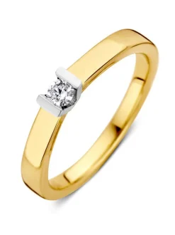 Bicolor gouden solitairring 0.10 crt. + Luxe cadeau