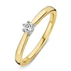 Bicolor gouden solitairring met 0,09crt. + Luxe cadeau