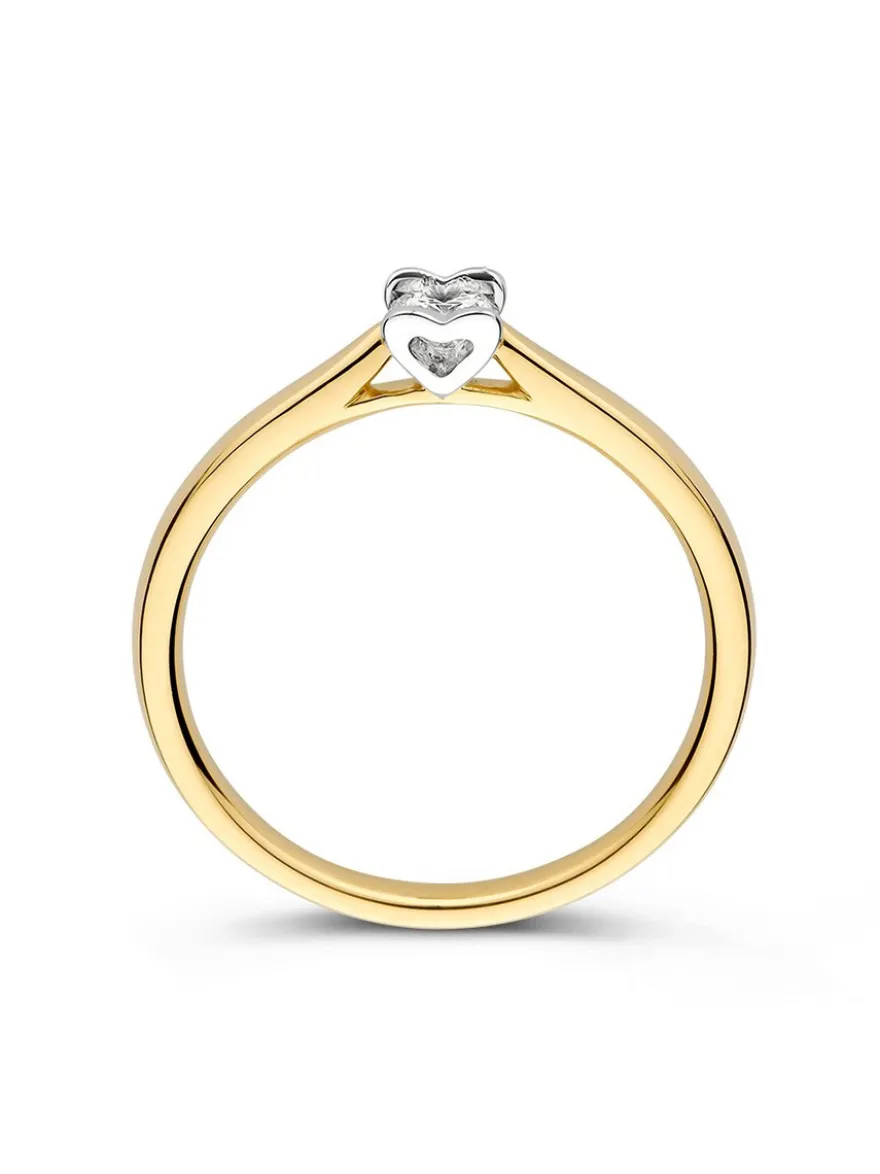 Bicolor solitair ring met diamant in hartvorm zetting 0,19crt + Luxe Cadeau