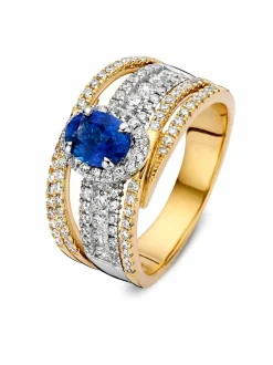 Brede bicolor ring met saffier en briljant + Luxe Cadeau