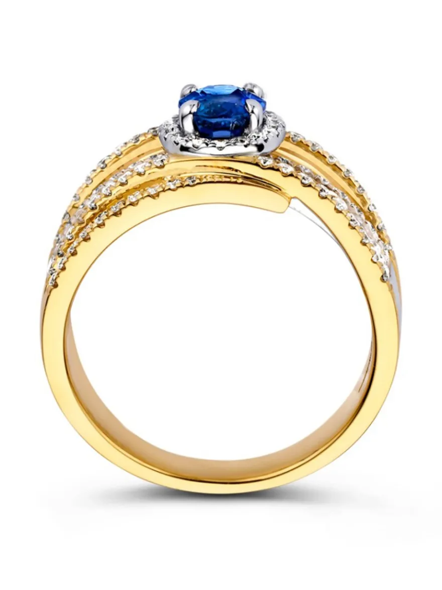 Brede bicolor ring met saffier en briljant + Luxe Cadeau