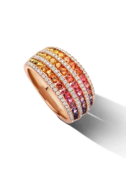 Brede roségouden ring rainbow saffier en briljant 0,52crt.