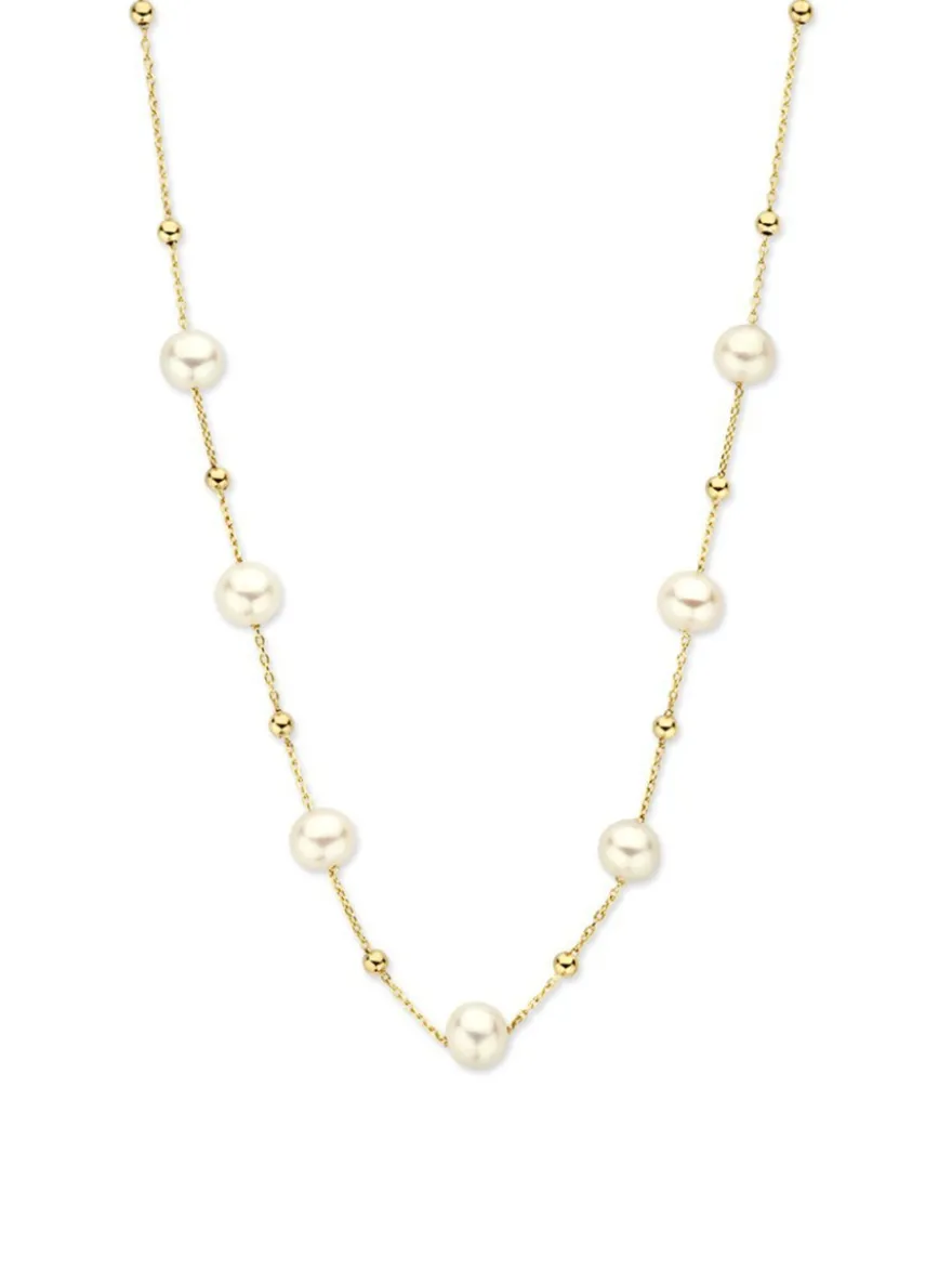 Collier geelgoud met parels en bolletjes + luxe cadeau