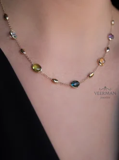 Geelgouden collier met peridot, topaas, citrien en amethist + Luxe Cadeau