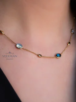 Geelgouden collier met topaas en london blue topaas + Luxe Cadeau