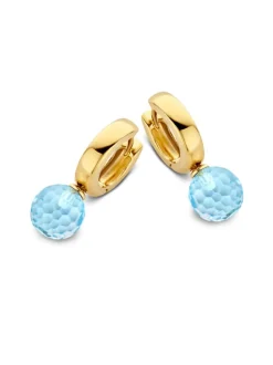 Geelgouden creolen met blauwe topaas + Luxe Cadeau