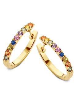 Geelgouden creolen met rainbow saffier + Luxe cadeau