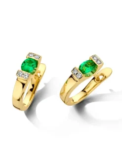 Geelgouden creolen met smaragd en diamant 0,08crt.