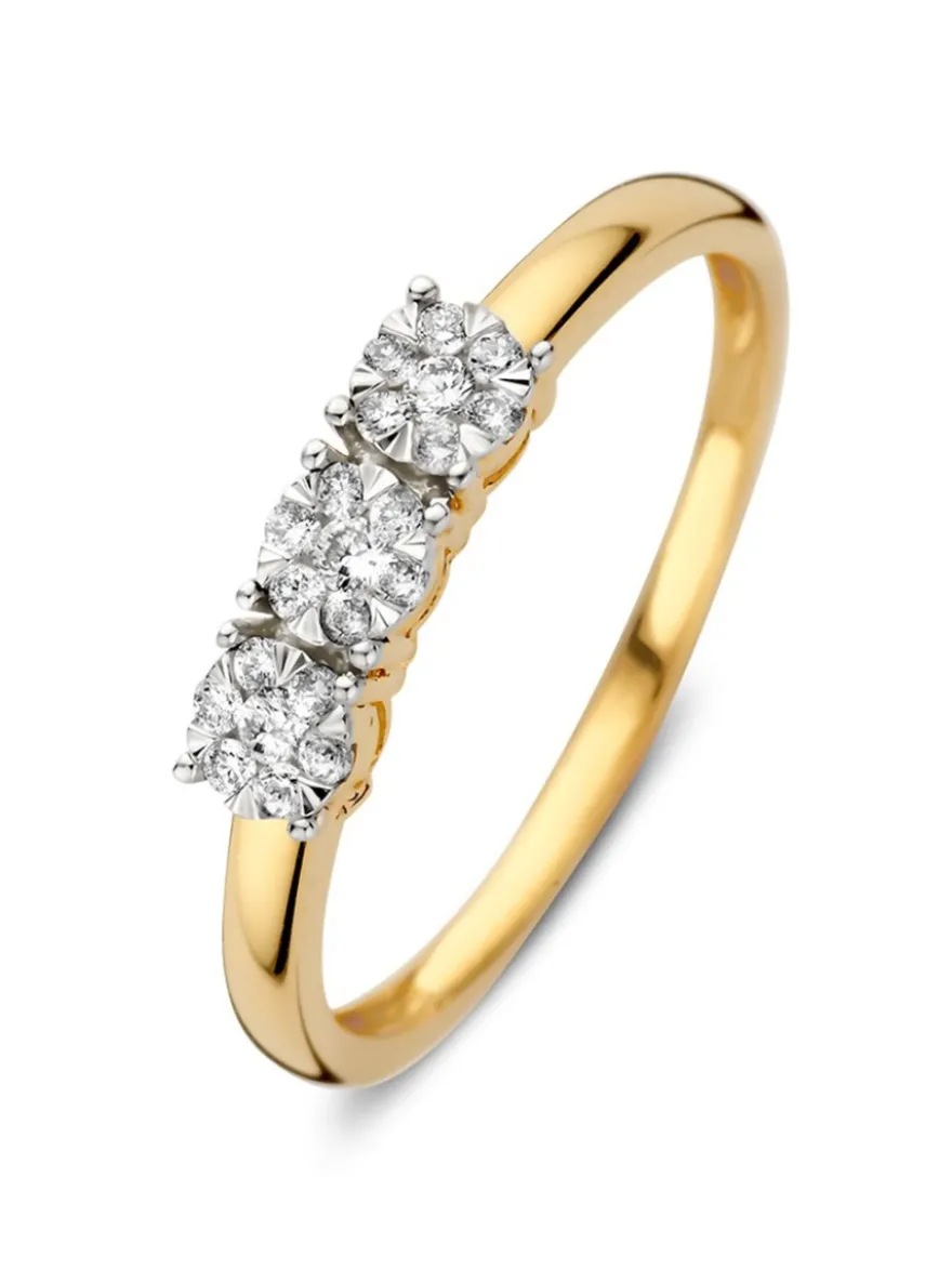 Geelgouden driesteens ring met briljant 0,18crt. + Luxe Cadeau