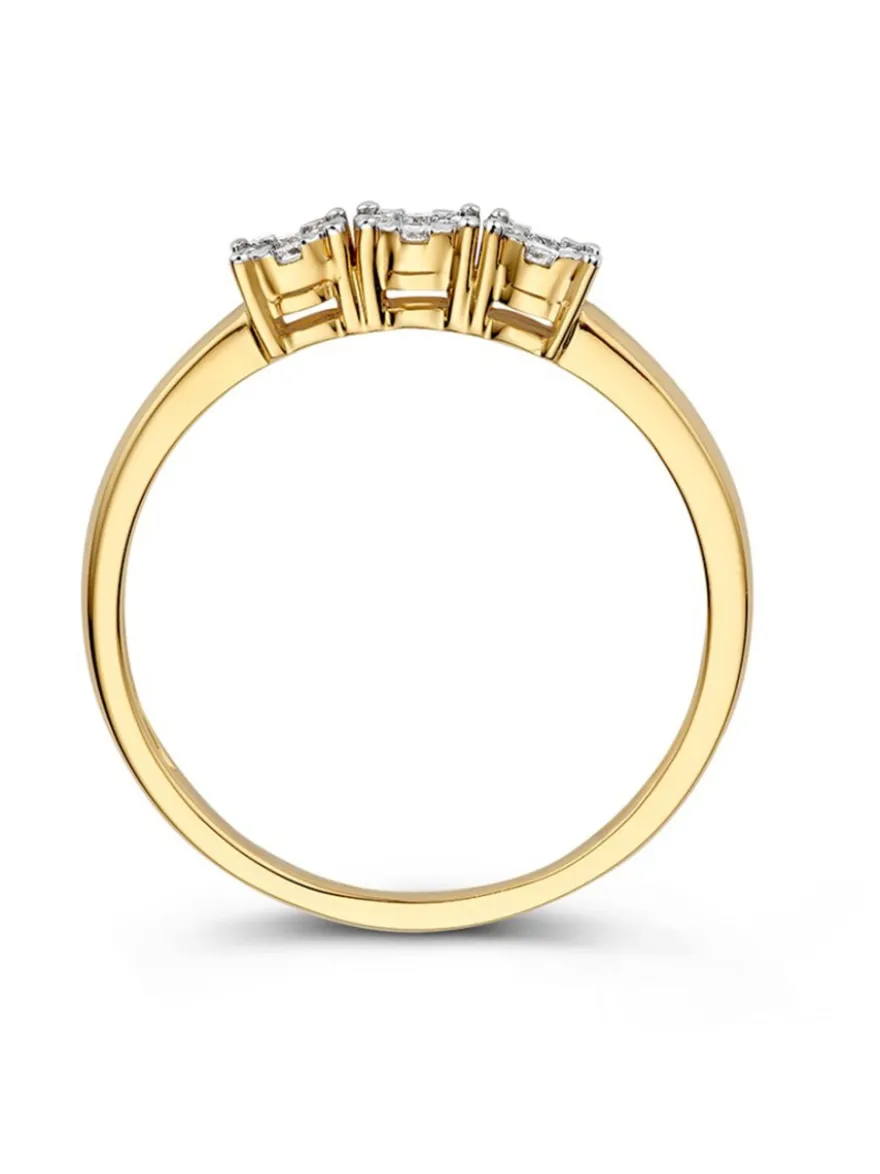 Geelgouden driesteens ring met briljant 0,18crt. + Luxe Cadeau