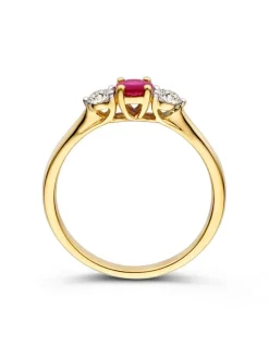 Geelgouden driesteens ring met robijn en briljant + Luxe Cadeau