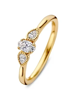 Geelgouden driesteens ring met diamant 0,35crt. + Luxe Cadeau