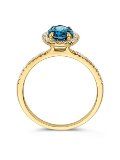 Geelgouden entourage ring met london blue topaas en diamant 0,24crt. + Luxe Cadeau