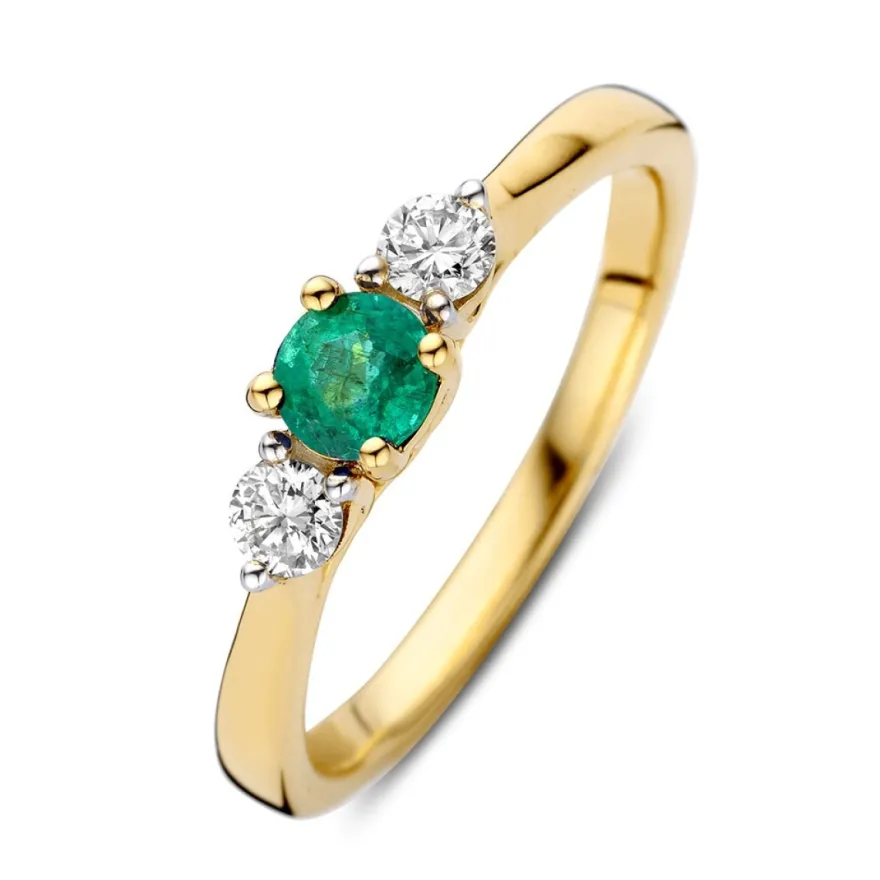 Geelgouden ring met smaragd en briljant 0,20crt + Luxe Cadeau