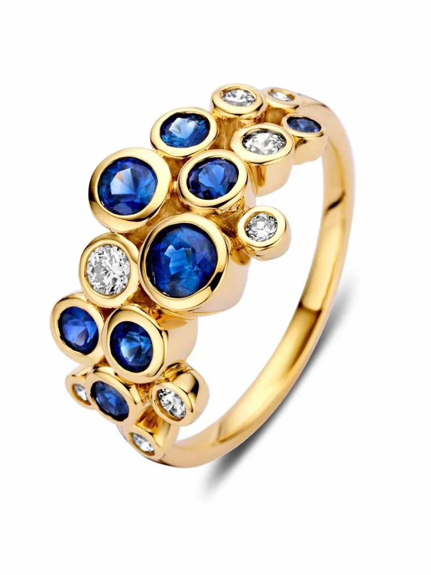 Geelgouden ring saffier en briljant in zetkast + Luxe cadeau