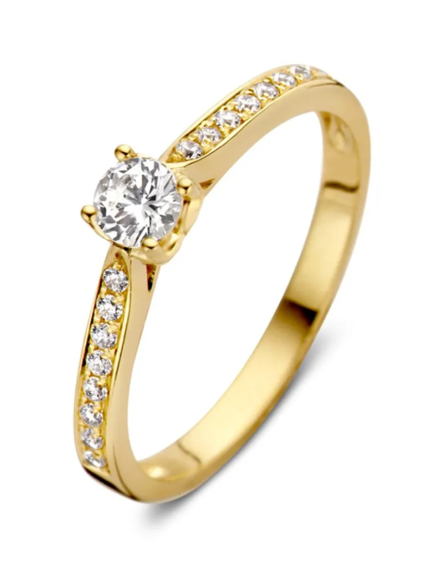 Geelgouden solitair ring zirkonia met hartzetting