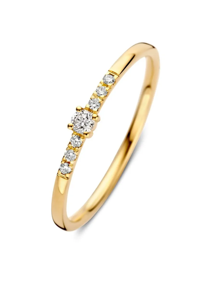 Geelgouden solitairring met zijstenen 0,09crt. + Luxe Cadeau