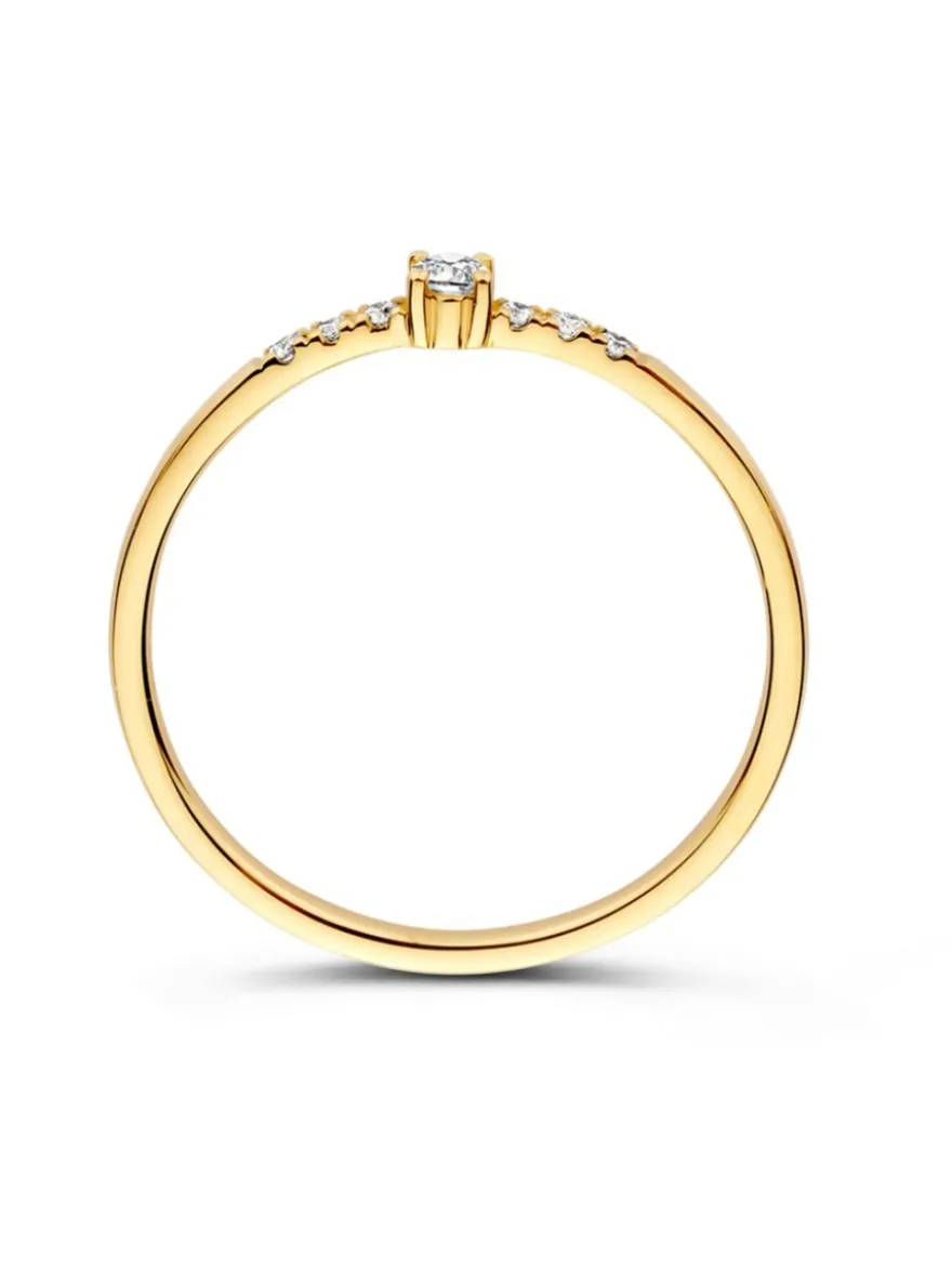 Geelgouden solitairring met zijstenen 0,09crt. + Luxe Cadeau