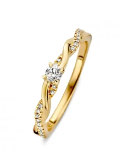 Gouden diamant solitair ring met gedraaide band
