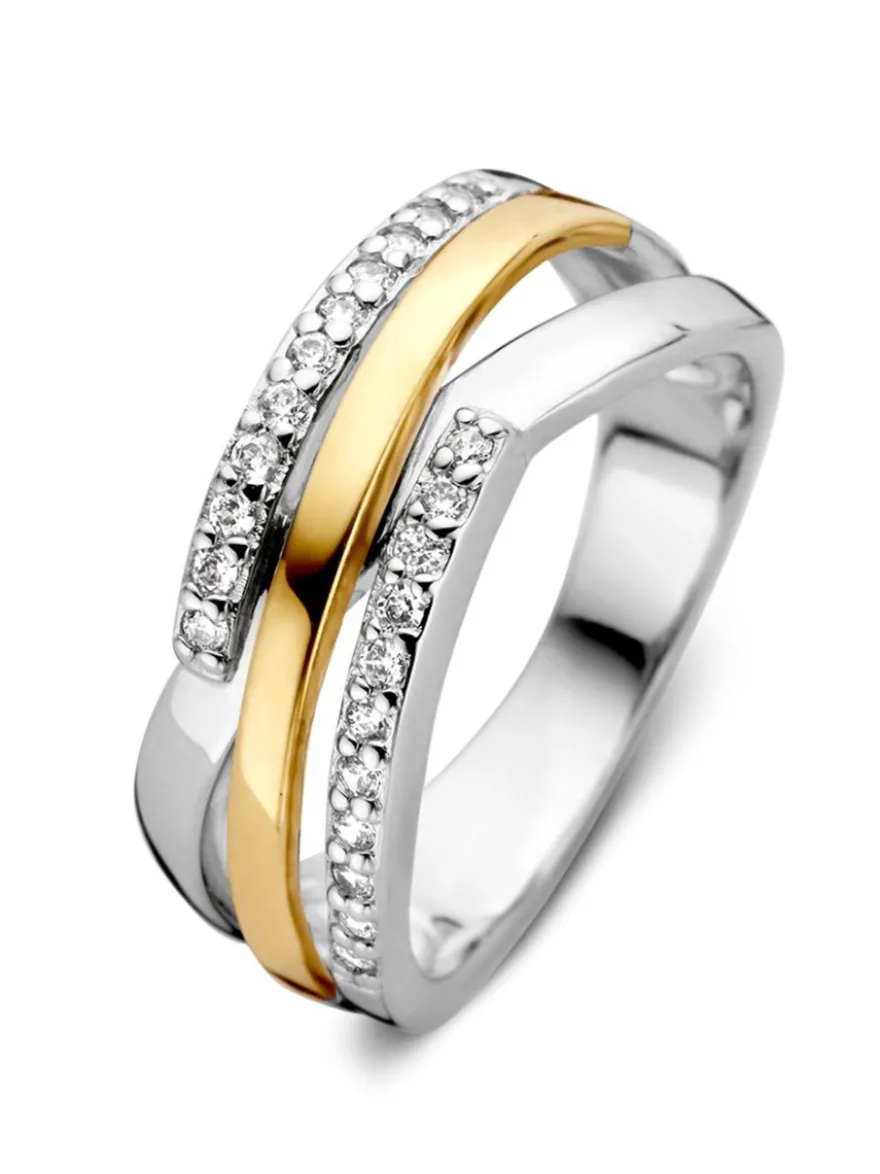 Speelse ring gekruiste baan zilver met goud en zirkonia