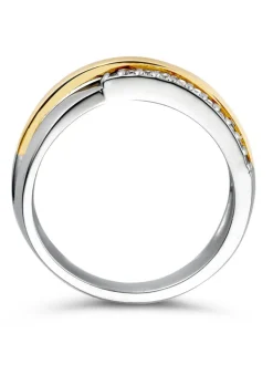 Speelse ring gekruiste baan zilver met goud en zirkonia