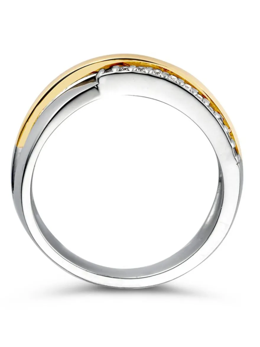 Speelse ring gekruiste baan zilver met goud en zirkonia