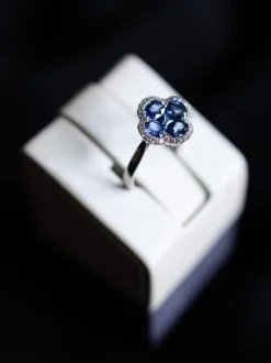 Witgouden bloemring met briljant en saffier + Luxe Cadeau