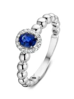 Witgouden bolletjes ring met briljant en saffier + Cadeau
