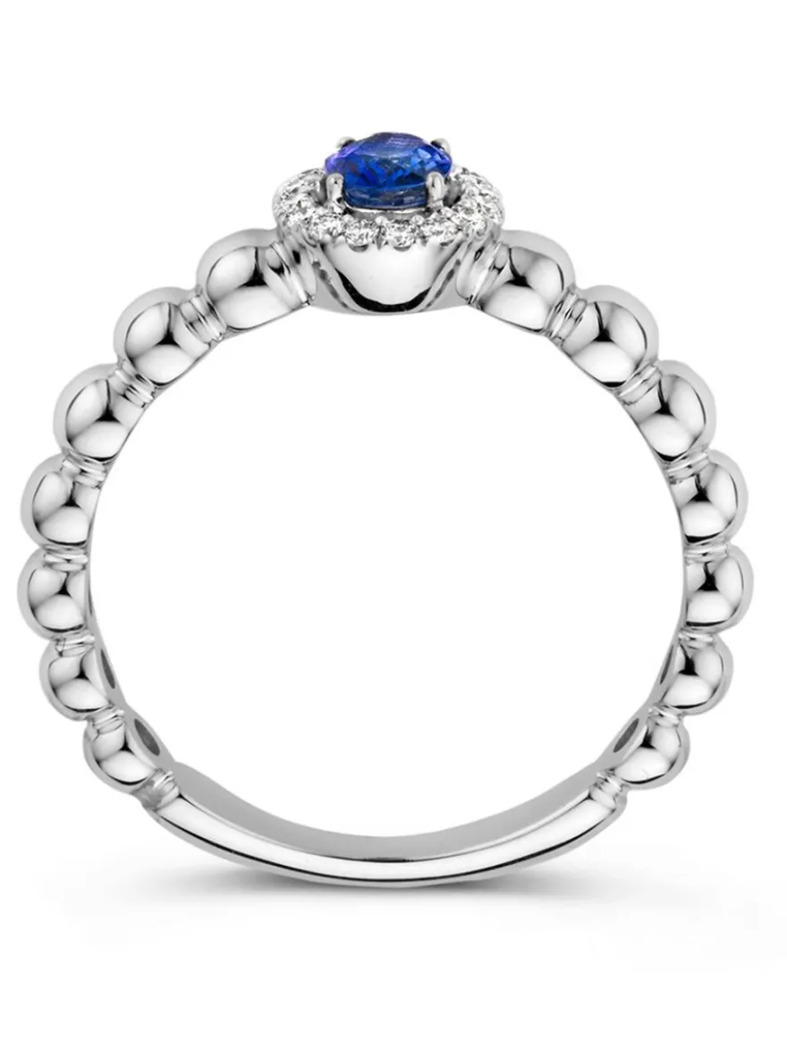 Witgouden bolletjes ring met briljant en saffier + Cadeau