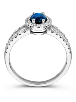Witgouden entourage ring met diamant en ovale saffier