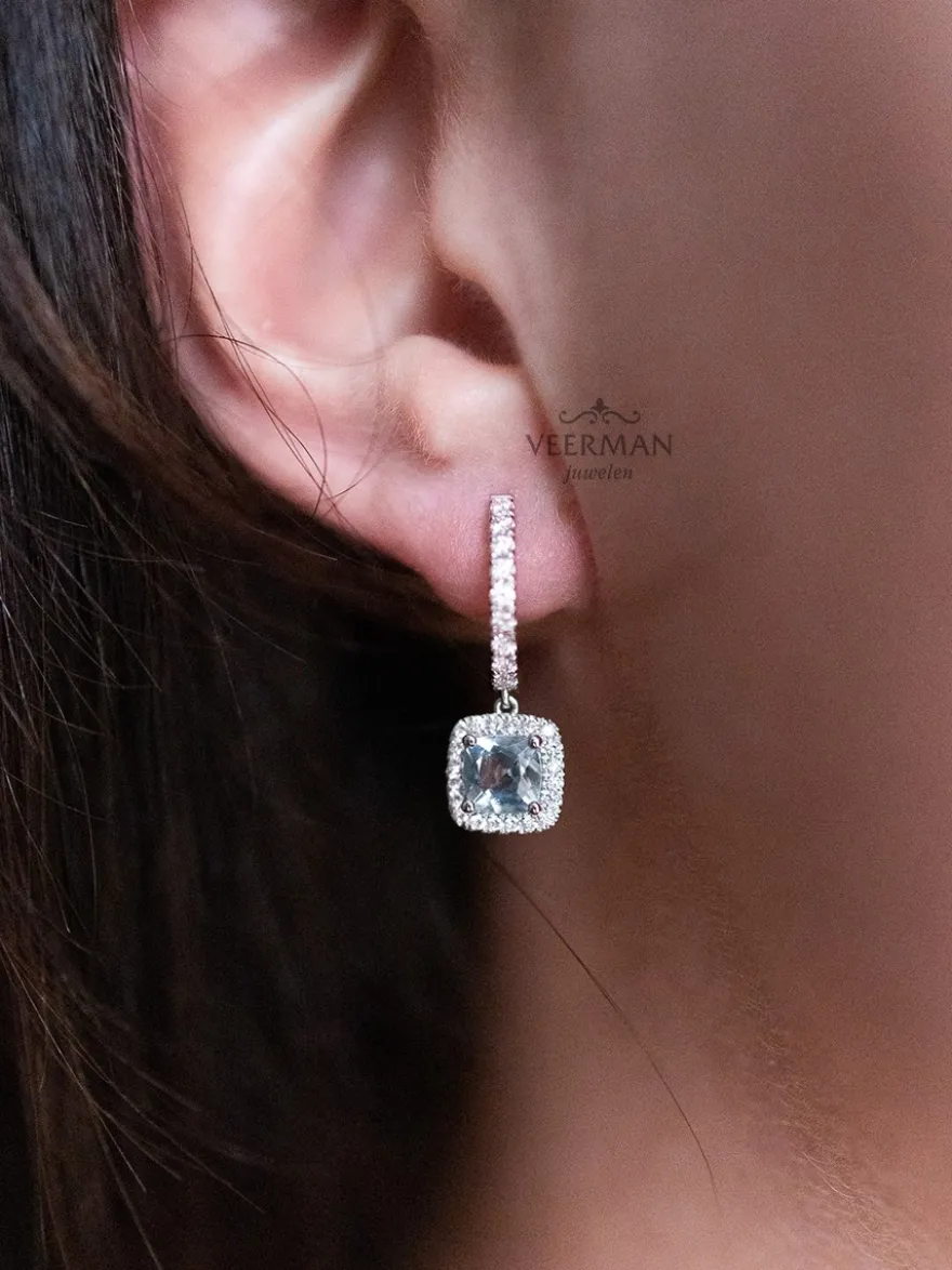 Witgouden oorsieraad met aquamarijn en diamant + Luxe cadeau
