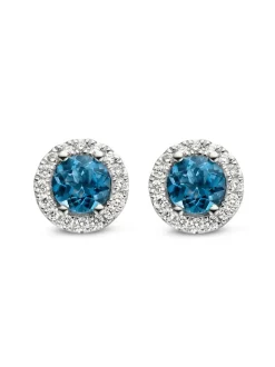 Witgouden oorstekers london blue topaas en briljant 0,35crt.